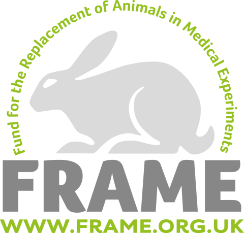 FRAME organizational  logo: text that says Fund for the Replacement of Animals in Medical Experiments in an arc above a rabbit illustration, stacked over FRAME, stacked over www.frame.org.uk